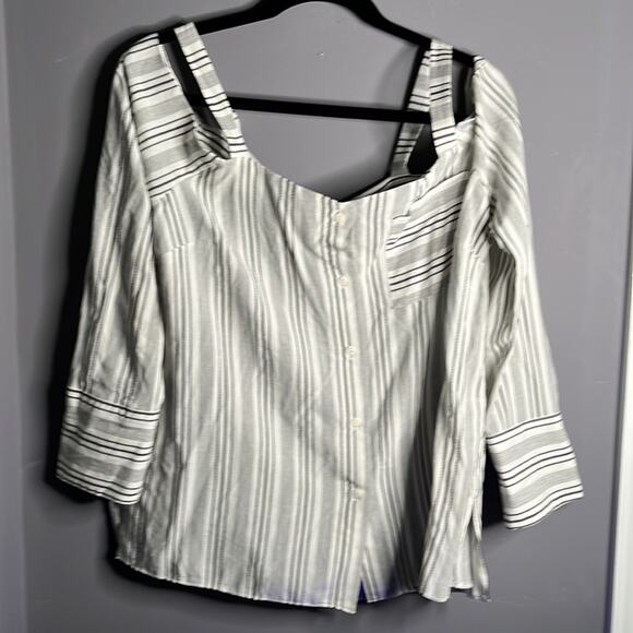 ASOS Gray and White Striped Button Down Cold Shoulder Top Size 10 - Picture 4 of 10